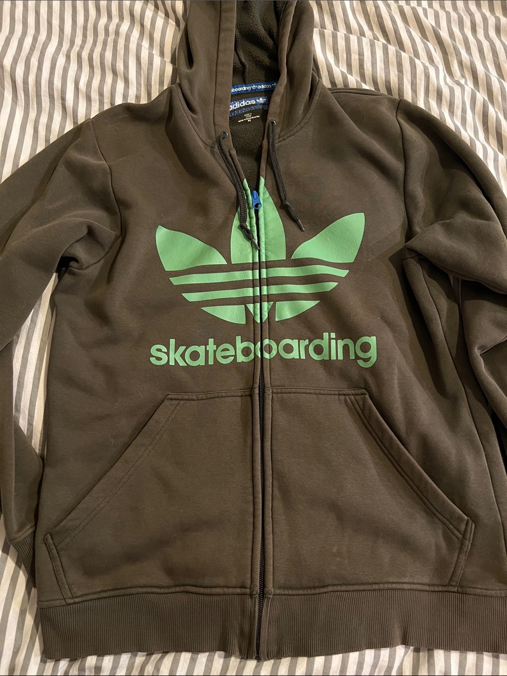 adidas Kids Brown Zip Hoodie with Green Trefoil Skateboarding Logo
